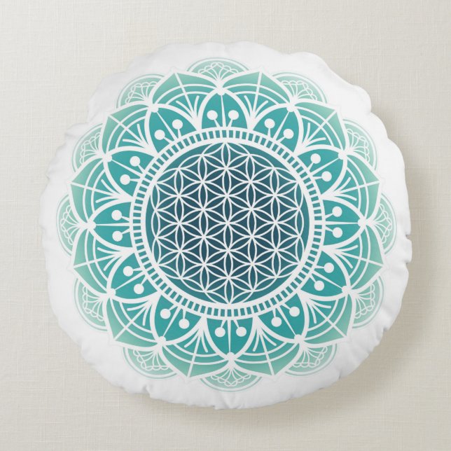 Meditation pillow Mandala flower of life teal (Front)