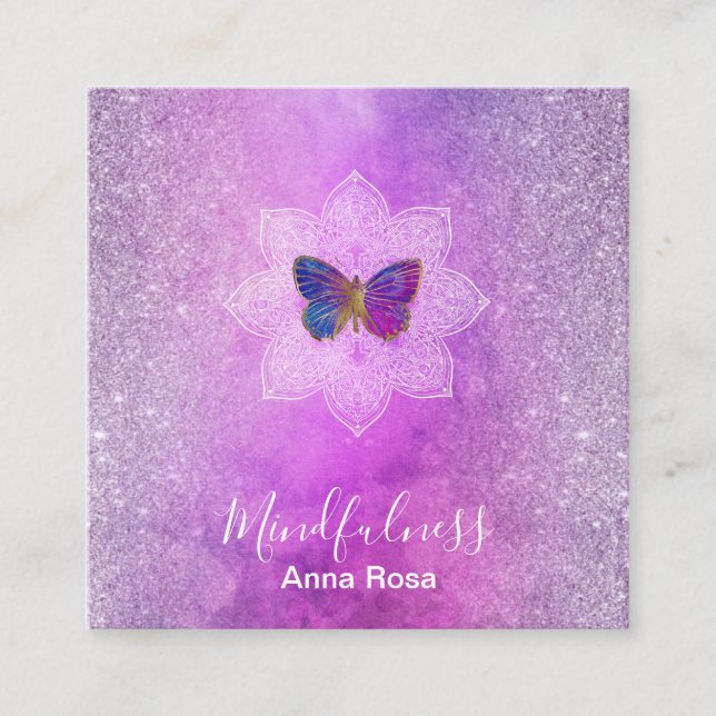 *~* Meditation Reiki Mindfulness Mandala Butterfly Square Business Card (Front)