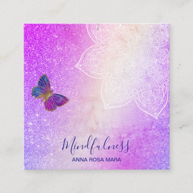 *~* Meditation Reiki Yoga . Butterfly Mandala Square Business Card (Front)