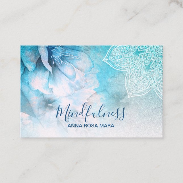 *~* Meditation Reiki Yoga Floral Glitter Mandala Business Card (Front)