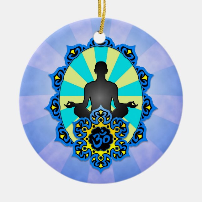 Meditation Yoga Aum, blue and yellow Ceramic Tree Decoration (Front)