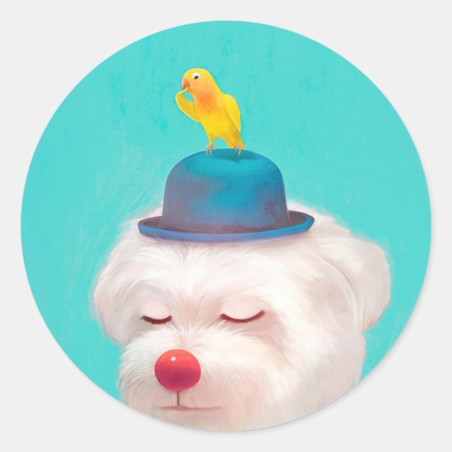 Meditative Clown Dog Portrait Classic Round Sticker (Front)