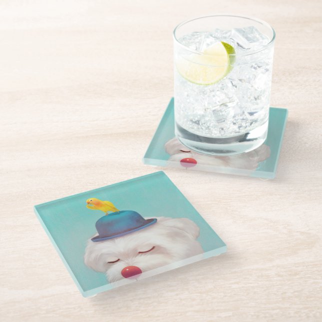 Meditative Clown Dog Portrait Glass Coaster (Angled)
