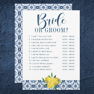 Mediteranean Blue Tile Lemon Bridal Shower Game Invitation