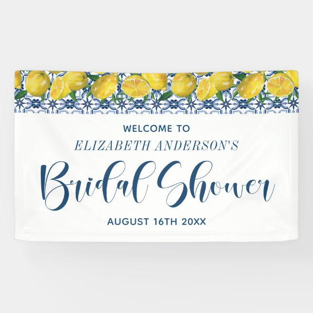 Mediteranean Blue Tile Lemon Bridal Shower Welcome Banner (Horizontal)