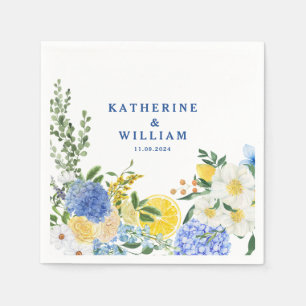 Mediterranaen lemon wedding blue and yellow floral napkin