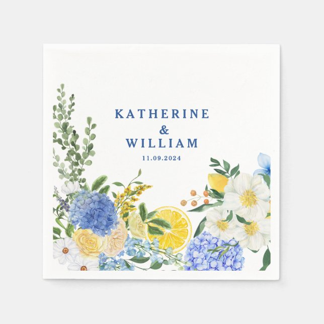 Mediterranaen lemon wedding blue and yellow floral napkin (Front)