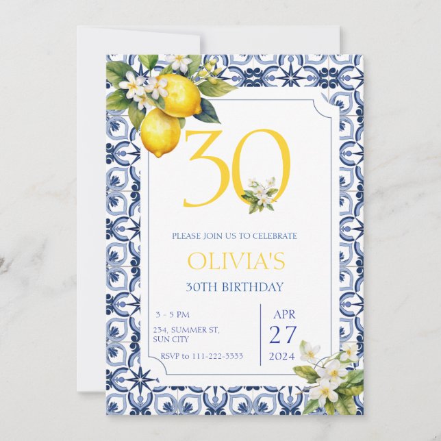 Mediterranean 30th Any Age Lemon Birthday  Invitation (Front)