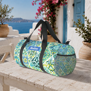 Mediterranean Aqua Mint Floral Tile Pattern Duffle Bag