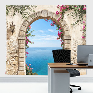 Mediterranean Arch Ocean View Wedding Backdrop Tapestry