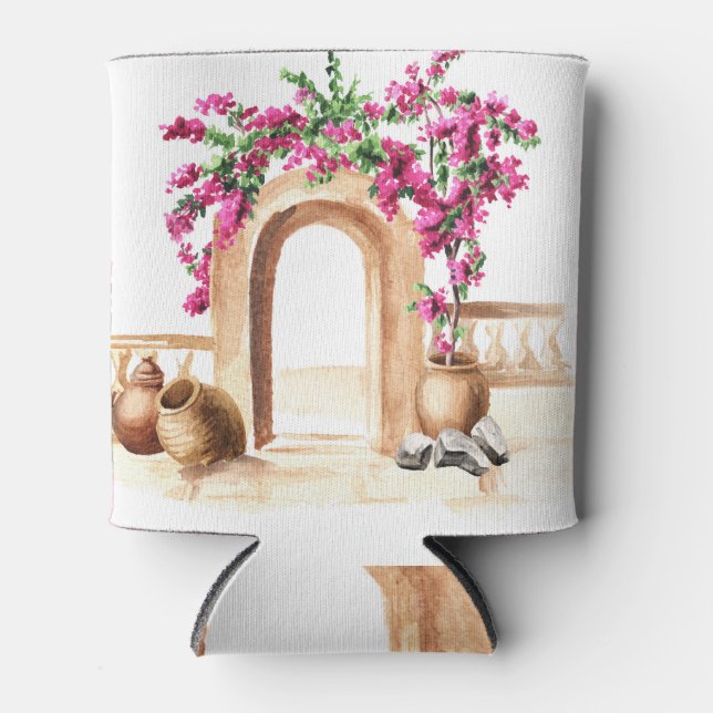 Mediterranean architecture, flowers, watercolor, h can cooler (Front)