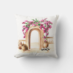 Mediterranean architecture, flowers, watercolor, h cushion