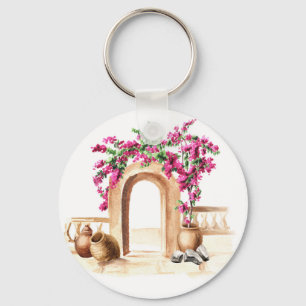 Mediterranean architecture, flowers, watercolor, h key ring