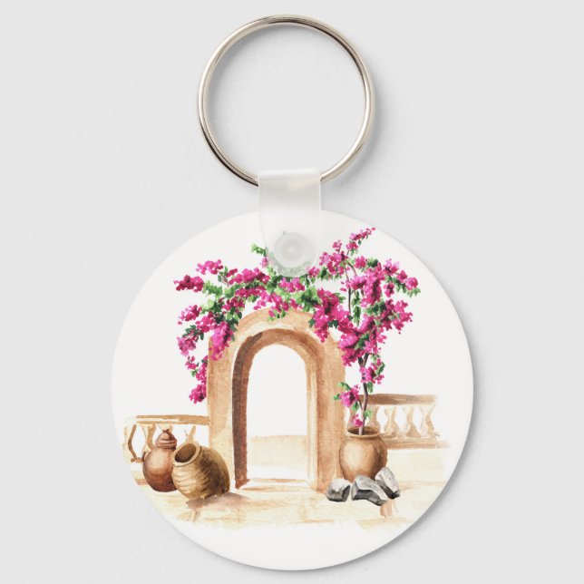 Mediterranean architecture, flowers, watercolor, h key ring (Front)