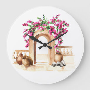 Mediterranean architecture, flowers, watercolor, h large clock