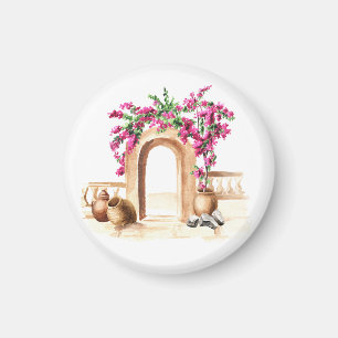 Mediterranean architecture, flowers, watercolor, h magnet