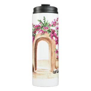 Mediterranean architecture, flowers, watercolor, h thermal tumbler