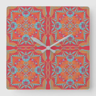 Mediterranean Azulejo Coral Floral Square Wall Clock