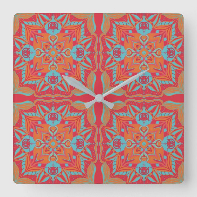 Mediterranean Azulejo Coral Floral  Square Wall Clock (Front)
