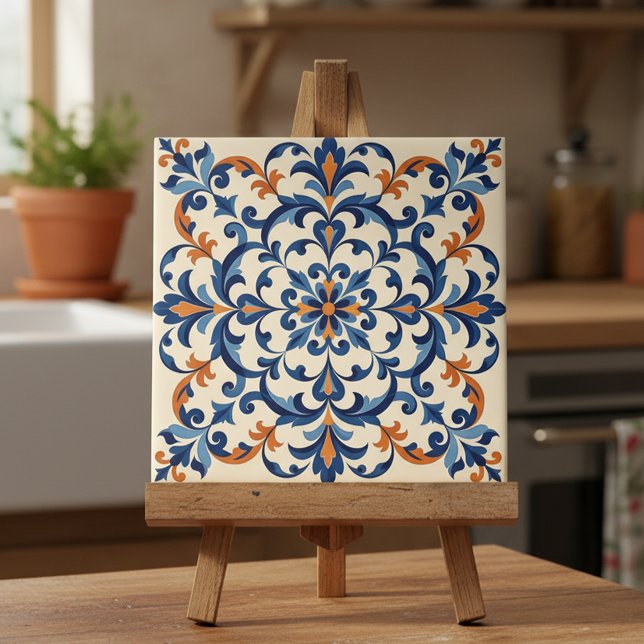 Mediterranean Azulejo Style Navy Blue and Orange Tile (Creator Uploaded)
