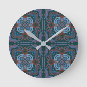 Mediterranean Azulejo Teal Floral Round Clock