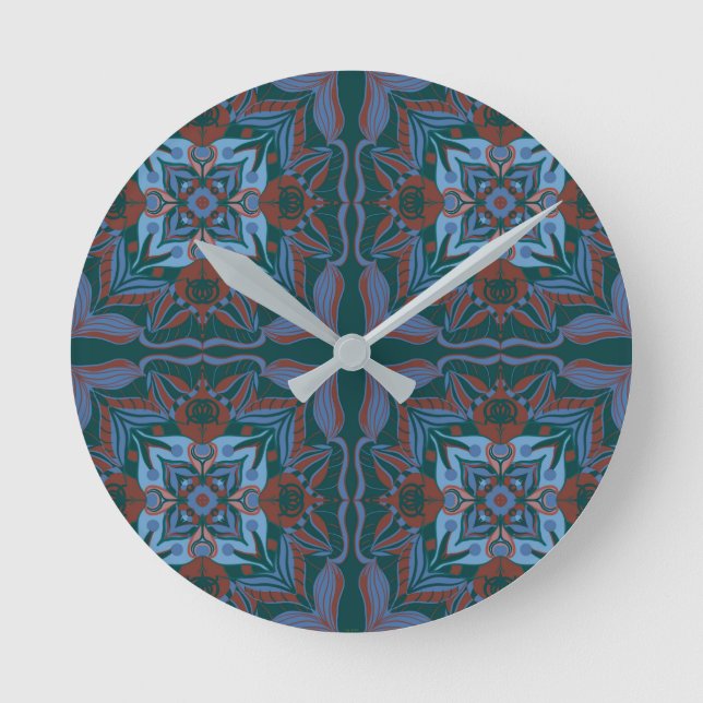 Mediterranean Azulejo Teal Floral Round Clock (Front)
