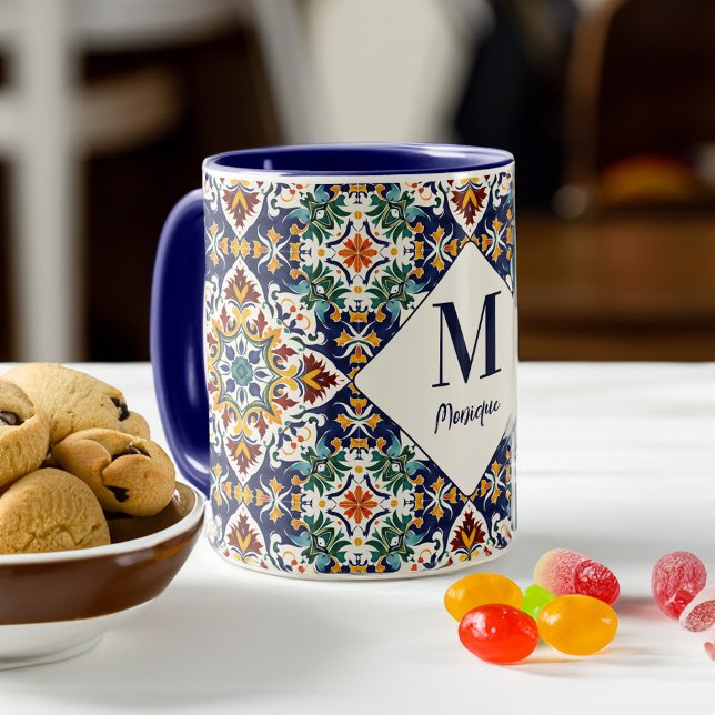 Mediterranean azulejo Turkish tiles monogram Mug (Mediterranean azulejo Turkish Persian tiles monogram Mug personalized name gifts bridal party favors)