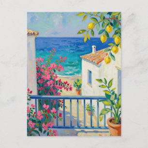 Mediterranean Balcony Lemon Bougainvillea Sea View Postcard