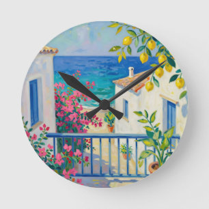 Mediterranean Balcony Lemon Bougainvillea Sea View Round Clock