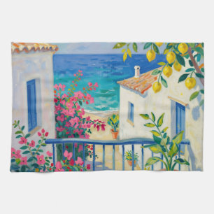 Mediterranean Balcony Lemon Bougainvillea Sea View Tea Towel