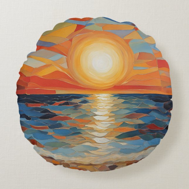 Mediterranean Beach Sunrise Sunset Modern Art Round Cushion (Front)