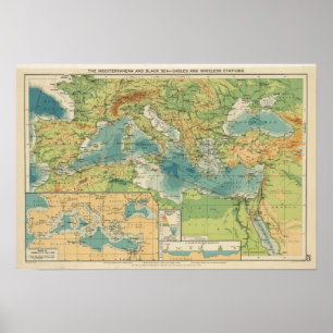 Mediterranean, Black Sea cables, wireless stations Poster