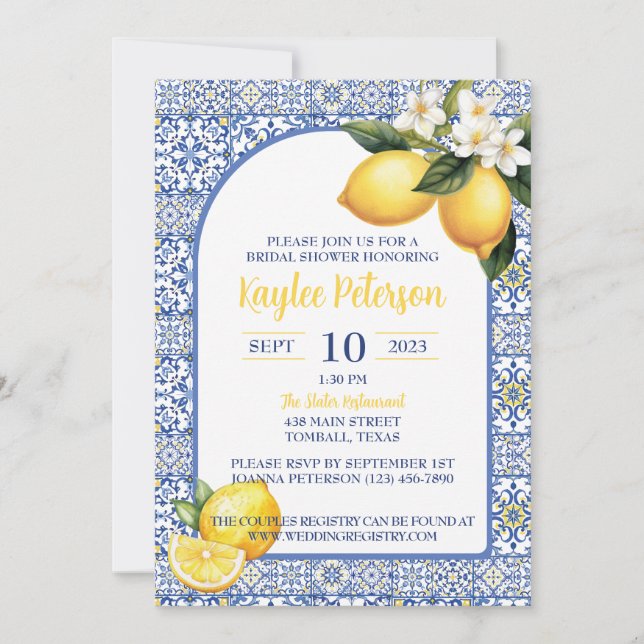 Mediterranean Blue And Lemon Bridal Shower Invite (Front)