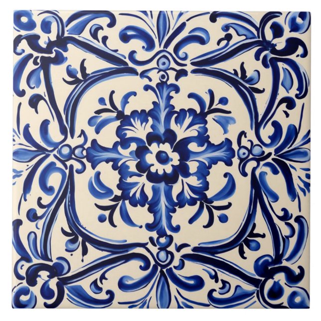 Mediterranean Blue and White Abstract Folk Art Tile (Front)