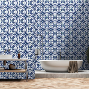 Mediterranean Blue and White Floral Tile Pattern Wallpaper