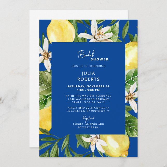 Mediterranean Blue and Yellow Bridal Shower Invita Invitation (Front/Back)