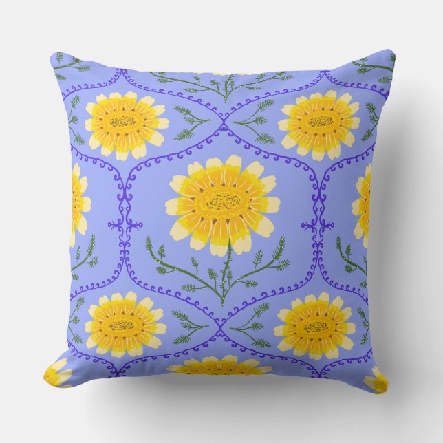 Mediterranean Blue and Yellow Floral Greek Flora  Cushion (Front)