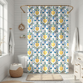 Mediterranean Blue and Yellow Lemon Botanical Shower Curtain