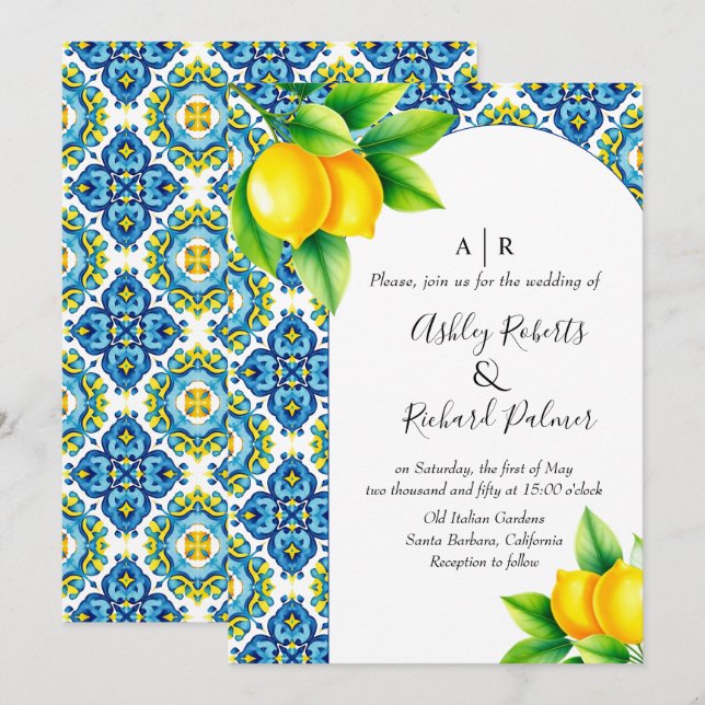  Mediterranean blue and yellow tile lemon wedding Invitation (Front/Back)