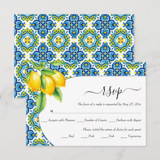  Mediterranean blue and yellow tiles lemon wedding RSVP Card (Front/Back)