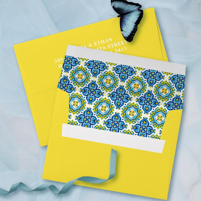 Mediterranean blue and yellow tiles wedding envelope (Creator Uploaded)
