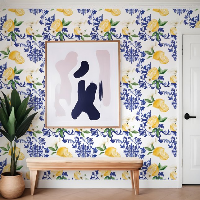 Mediterranean Blue Antique Floral & Lemon Pattern  Wallpaper (Mediterranean Blue Antique Floral & Lemon Pattern Wallpaper)