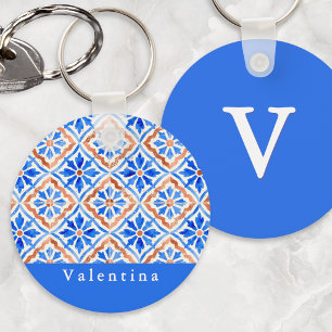 Mediterranean Blue Azulejo Tile Personalised Name Key Ring