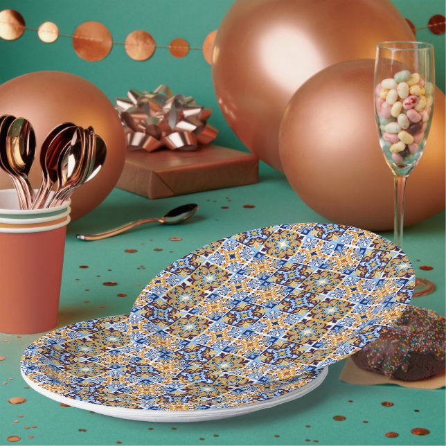  Mediterranean blue &brown  Paper Plate (Multi)