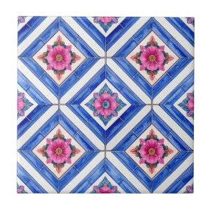 Mediterranean Blue Diamond Lattice - Pink Flowers Tile