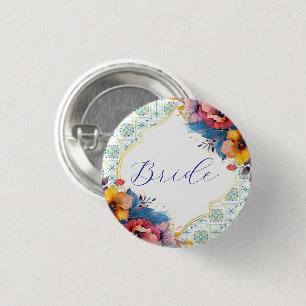 Mediterranean Blue Floral Bride to be  3 Cm Round Badge