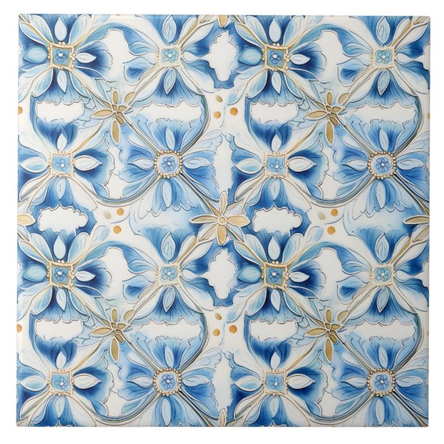 Mediterranean Blue Floral Elegant Tile (Front)