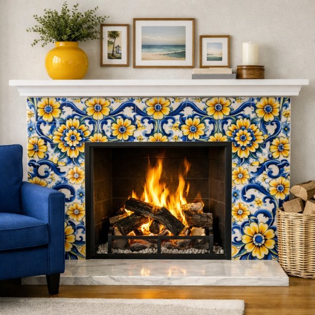 Mediterranean Blue Floral Seamless  Tile (Modern coastal fireplace featuring 6x6 blue and gold tiles warm firelight highlights. Mockup)