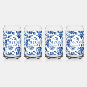 Mediterranean Blue Floral Tile Monogram Can Glass