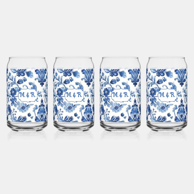 Mediterranean Blue Floral Tile Monogram Can Glass (Front)